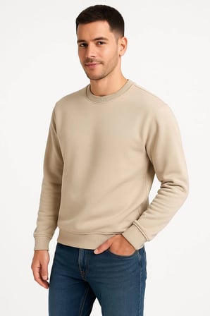 Erkek  İplik Pamuklu Düz Bisiklet Yaka SweatShirt - Bej