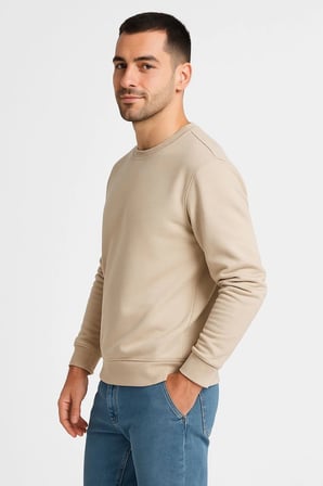 Erkek  İplik Pamuklu Düz Bisiklet Yaka SweatShirt - Bej