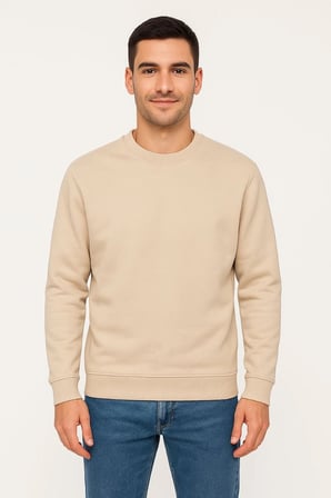 Erkek  İplik Pamuklu Düz Bisiklet Yaka SweatShirt - Bej