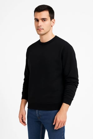 Erkek  İplik Pamuklu Düz Bisiklet Yaka SweatShirt - Siyah