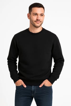 Erkek  İplik Pamuklu Düz Bisiklet Yaka SweatShirt - Siyah