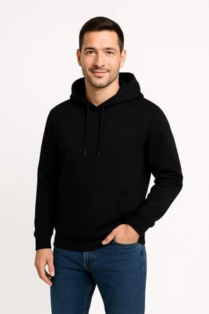 Erkek  İplik Pamuklu Kapüşonlu Kanguru Cepli SweatShirt hoodie - Siyah