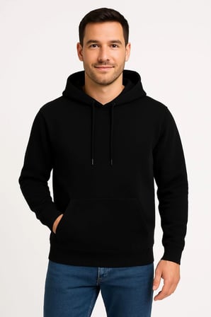 Erkek  İplik Pamuklu Kapüşonlu Kanguru Cepli SweatShirt hoodie - Siyah