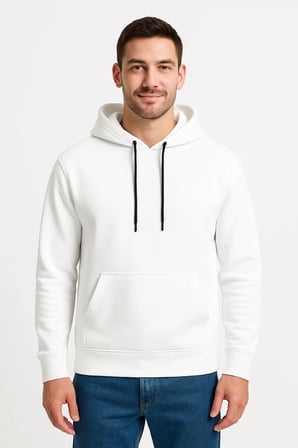 Erkek  İplik Pamuklu Kapüşonlu Kanguru Cepli SweatShirt hoodie - Beyaz