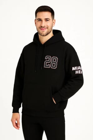 Erkek Kapüşonlu Kanguru Cepli Sweatshirt  İplik Pamuklu Baskılı Hoodie - Siyah