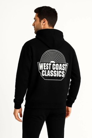 Erkek Kapüşonlu Kanguru Cepli Sweatshirt  İplik Pamuklu Baskılı Hoodie -  Siyah