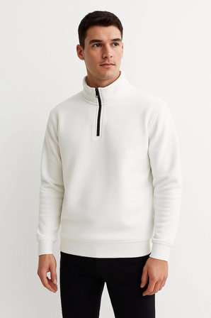 Erkek Dik Yaka Yarım Fermuarlı  İplik Pamuklu Sweatshirt - Beyaz
