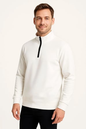 Erkek Dik Yaka Yarım Fermuarlı  İplik Pamuklu Sweatshirt - Beyaz