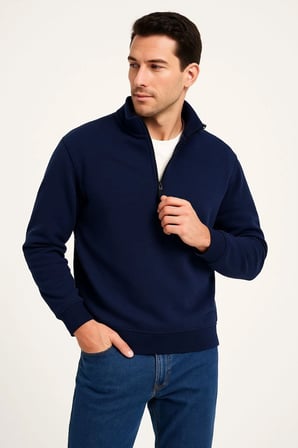 Erkek Dik Yaka Sweatshirt Dik Yaka Yarım Fermuarlı 3 İplik Pamuk Kumaş - Lacivert