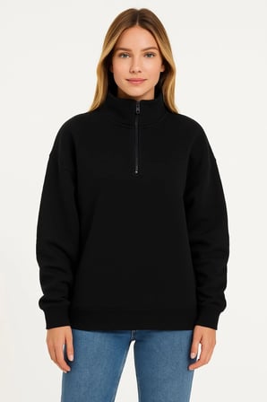 Kadın 3 İplik Pamuklu Dık Yaka Yarım Fermuarlı SweatShirt - Siyah