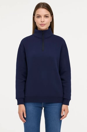 Kadın  İplik Pamuklu Dık Yaka Yarım Fermuarlı SweatShirt - Lacivert