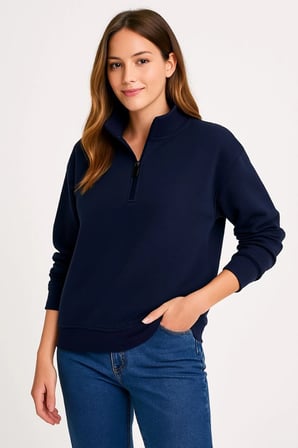 Kadın  İplik Pamuklu Dık Yaka Yarım Fermuarlı SweatShirt - Lacivert