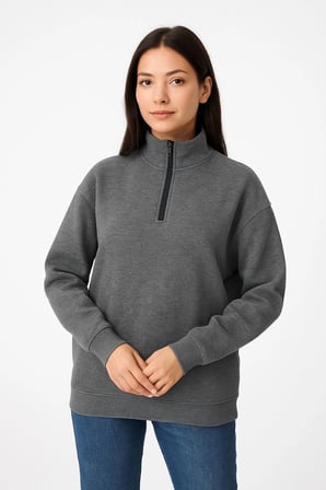 Kadın  İplik Pamuklu Dık Yaka Yarım Fermuarlı SweatShirt - Antrasit
