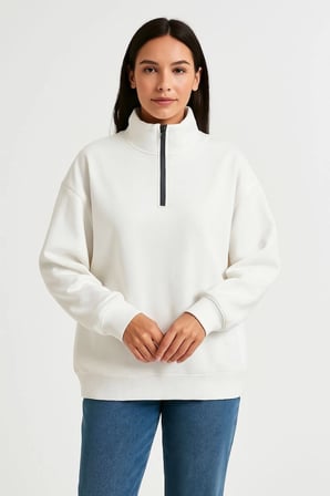 Kadın  İplik Pamuklu Dık Yaka Yarım Fermuarlı SweatShirt - Beyaz