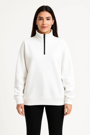 Kadın  İplik Pamuklu Dık Yaka Yarım Fermuarlı SweatShirt - Beyaz