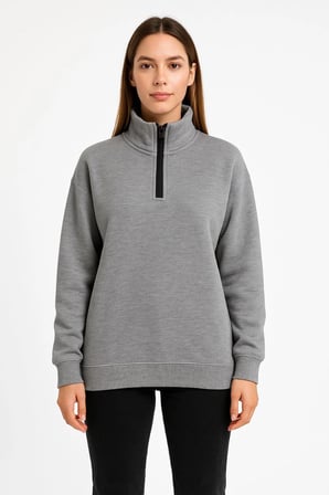Kadın  İplik Pamuklu Dık Yaka Yarım Fermuarlı SweatShirt - Gri