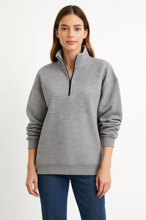Kadın  İplik Pamuklu Dık Yaka Yarım Fermuarlı SweatShirt - Gri