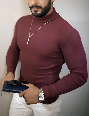 Erkek Tam Boğazlı Fitilli Kaşkorse Triko Likralı Extra Dar Kesim Slimfit Yumuşak - Bordo