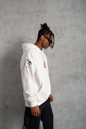Erkek Kapüşonlu Kanguru Cepli Sweatshirt  İplik Pamuklu Baskılı Hoodie -  Beyaz