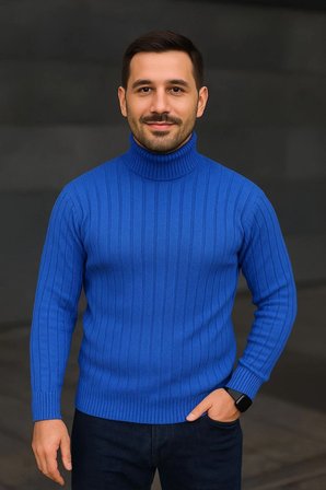 Erkek Tam Boğazlı Balıkçı Yaka Triko Kazak Kalın Fitilli - Saks Mavisi