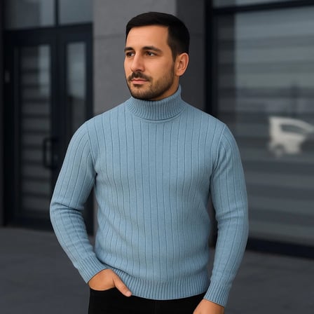 Erkek Tam Boğazlı Balıkçı Yaka Triko Kazak Kalın Fitilli - Bebek Mavisi