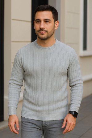 Erkek Bisiklet Yaka Triko Kazak Pamuklu Kalın Fitilli Dokuma Regular Fit - Gri