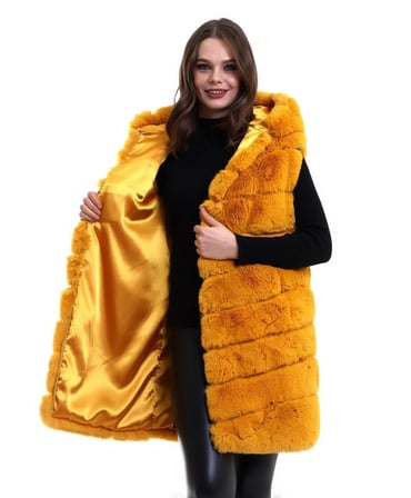 Kadın Kapüşonlu Peluş Kürk Yelek Premium Kalite Tam Astarlı Uzun Model - Sarı