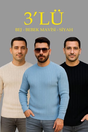 Erkek Fitilli Triko Bisiklet Yaka Kalın Kazak 3'lü Set Bej-Bebek Mavisi-Siyah