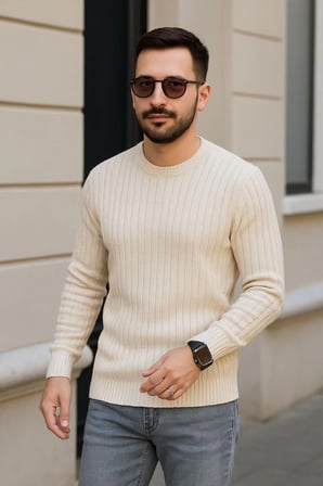 Erkek Fitilli Triko Bisiklet Yaka Kalın Kazak 3'lü Set Bej-Bebek Mavisi-Siyah