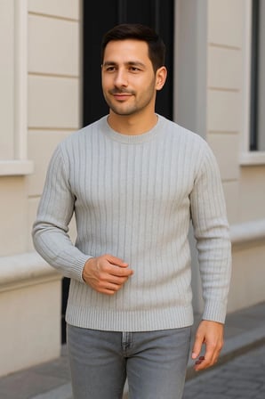 Erkek Fitilli Triko Bisiklet Yaka Kalın Kazak 3'lü Set Beyaz-Gri-Siyah