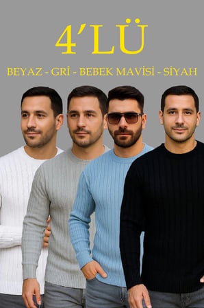 Erkek Fitilli Triko Bisiklet Yaka Kalın Kazak 4'lü Set Beyaz-Bebek Mavisi-Gri-Siyah