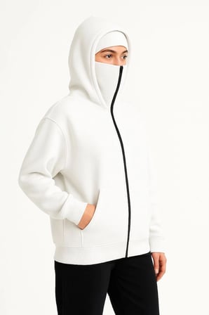 Kadın Samuray Ninja Çift Kapüşonlu Maske Detaylı  İplik Hoodie - Beyaz