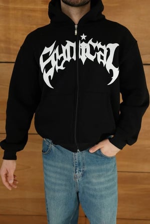 Erkek Kapüşonlu  İplik Şardonlu Önü Baskılı Fermuarlı Oversize Sweatshirt - Siyah