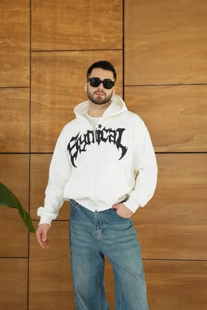 Erkek Kapüşonlu  İplik Şardonlu Önü Baskılı Fermuarlı Oversize Sweatshirt - Beyaz