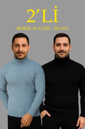 Erkek Fitilli Kazak Tam Boğazlı Balıkçı Yaka Triko 2'li Set Bebek Mavisi-Siyah