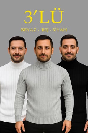 Erkek Fitilli Kazak Tam Boğazlı Balıkçı Yaka Triko 3'lü Set Beyaz-Gri-Siyah