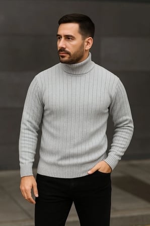 Erkek Fitilli Kazak Tam Boğazlı Balıkçı Yaka Triko 3'lü Set Beyaz-Gri-Siyah