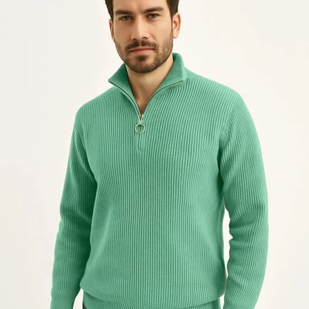 Erkek Fitilli Triko Kazak ’lü Set Mint Yeşili Siyah Bej Kalın Dokuma Pamuklu Regular Fit