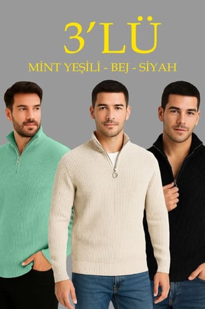 Erkek Fitilli Triko Kazak ’lü Set Mint Yeşili Siyah Bej Kalın Dokuma Pamuklu Regular Fit