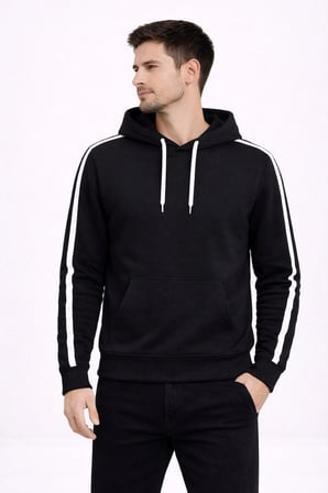 Erkek Şeritli Kapüşonlu Sweatshirt Oversize  iplik Pamuklu Hoodei - Siyah