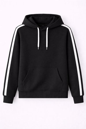 Erkek Şeritli Kapüşonlu Sweatshirt Oversize  iplik Pamuklu Hoodei - Siyah