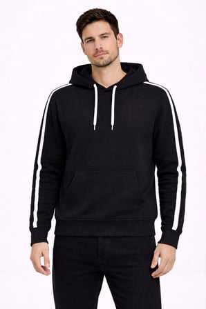 Erkek Şeritli Kapüşonlu Sweatshirt Oversize  iplik Pamuklu Hoodei - Siyah