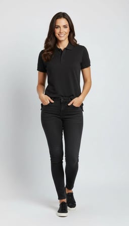 Kadın Polo Yaka Tişört Pike Kumaş Kısa Kol Regular Fit Yazlık T-Shirt - Siyah