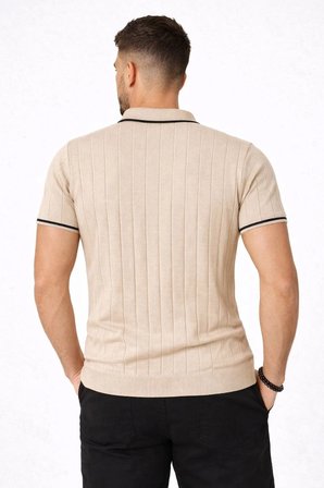 Erkek Yazlık Dokuma Triko Tişört Fermuarlı Polo Yaka Kısa Kol T-Shirt - Bej