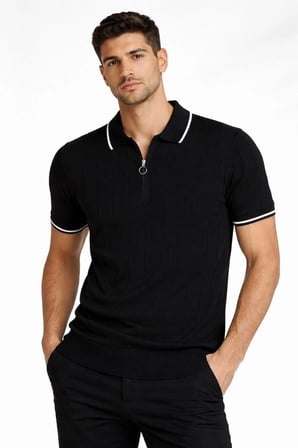 Erkek Yazlık Dokuma Triko Tişört Fermuarlı Polo Yaka Kısa Kol T-Shirt - Siyah