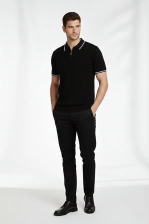 Erkek Yazlık Dokuma Triko Tişört Fermuarlı Polo Yaka Kısa Kol T-Shirt - Siyah