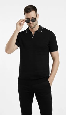 Erkek Yazlık Dokuma Triko Tişört Düğmesiz Polo Yaka Kısa Kol T-Shirt - Siyah