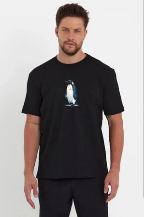Erkek T-Shirt Penguen Baskılı Bisiklet Yaka Kısa kol yazlık Tişört - Siyah