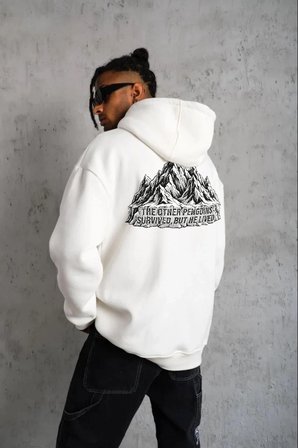 Erkek Nihilist Penguen Baskılı  İplik Pamuklu Kapüşonlu Sweatshirt Hoodie Beyaz