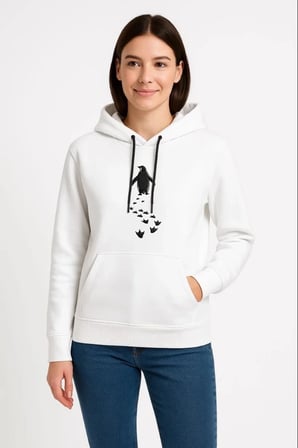 Kadın  İplik Pamuklu Kapüşonlu Hoodie Sweatshirt Nihilist Penguen Baskılı - Beyaz